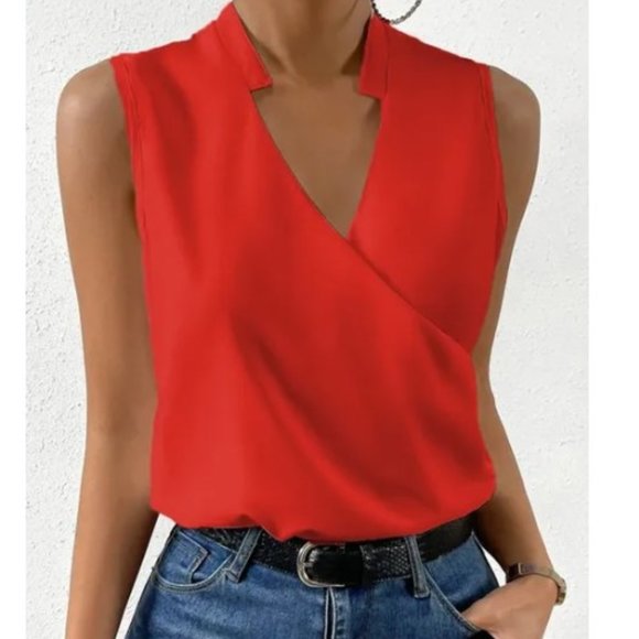 Unbranded Tops - Red V-neck Wrap Collar Sleeveless Solid Top NWOT